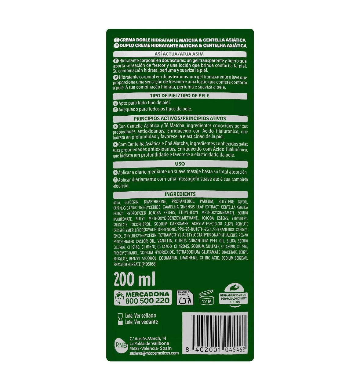 Deliplus Creme Corporal Double Matcha & Centella Asiática 200 ml
